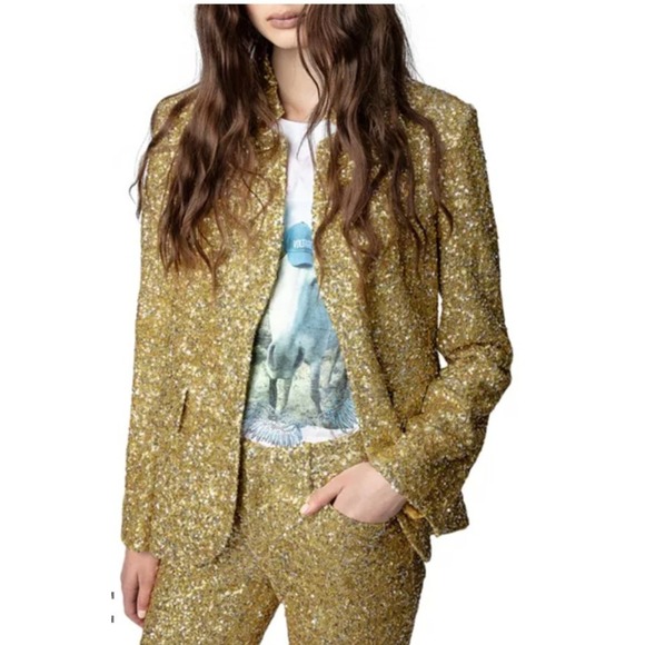 Zadig & Voltaire Very Sequins Blazer Yellow Gold‎ NWOT Silk Cotton Lining Medium - Picture 1 of 16